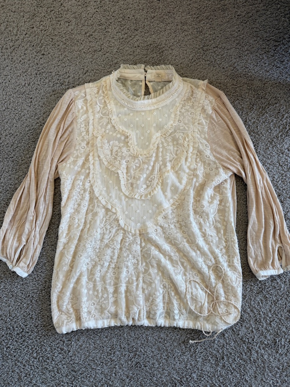 Anthropologie Lace Overlay Mixed-Sleeve Blouse in Cream and Tan